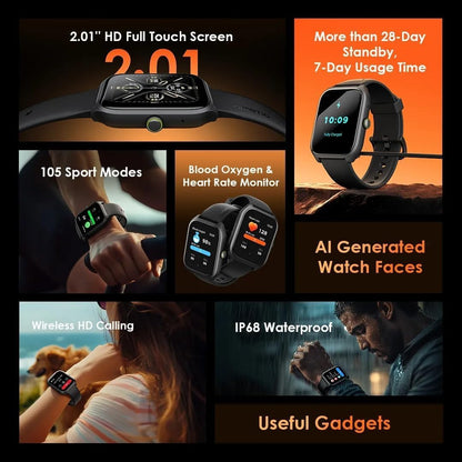 Oraimo Smart Watch 5 Lite OSW-804 2.01 Inch TFT IP68, Normal Usage Time 7 days Standby Time More than 28 days - Black - 12 Months Warranty