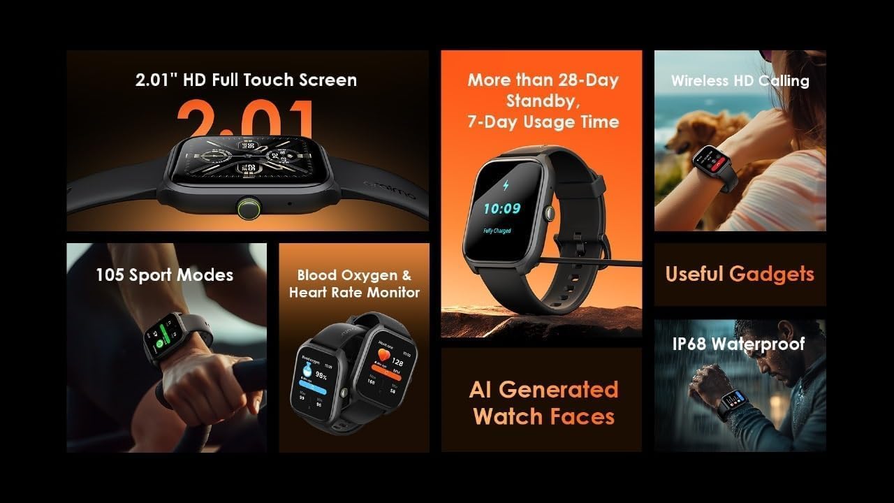 Oraimo Smart Watch 5 Lite OSW-804 2.01 Inch TFT IP68, Normal Usage Time 7 days Standby Time More than 28 days - Black - 12 Months Warranty