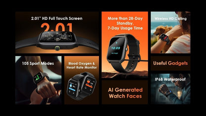 Oraimo Smart Watch 5 Lite OSW-804 2.01 Inch TFT IP68, Normal Usage Time 7 days Standby Time More than 28 days - Black - 12 Months Warranty