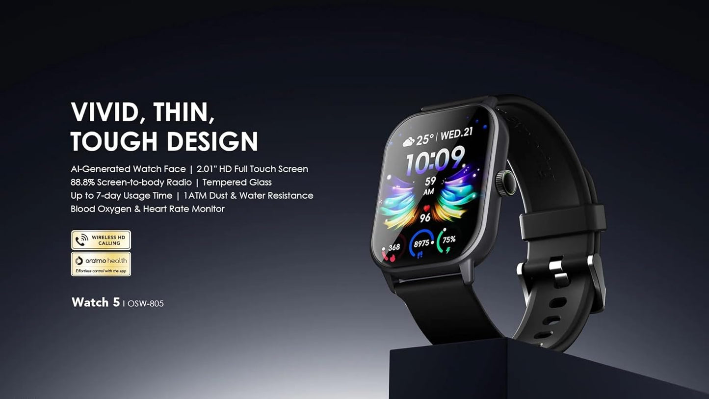 Oraimo OSW-805 Watch 5 Smart Watch with 2.01 inch HD Panda Glass Screen and 1ATM Water Resistance