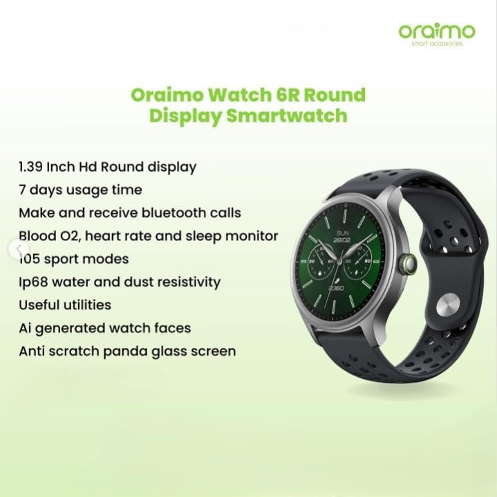 Oraimo Watch 6R (OSW-823) Smartwatch with Bluetooth Calling, 1.39" HD Display, 24H Health Monitor (Heart Rate, SpO2), 100+ Sports Modes, IP68 Waterproof, 7-Day Battery