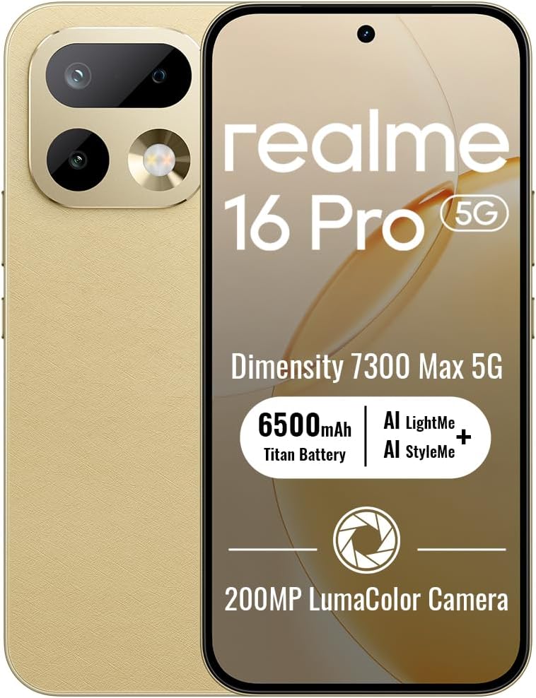 Realme 16 Pro 5G Unlocked Smartphone 12+256GB, 144Hz AMOLED Display, 7000mAh Battery, 80W SuperVOOC, 50+200MP Camera, MediaTek Dimensity 7300 Max 5G Chipset, IP69