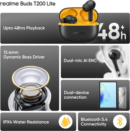 Realme Buds T200 Lite Bluetooth in Ear Earbuds, 4 Mic, AI ENC for Chamadas, 48 Hours of playback Total com carregamento rápido e jogos de baixa latência TWS