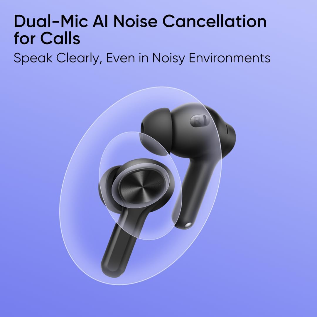Realme Buds T200 Lite Bluetooth in Ear Earbuds, 4 Mic, AI ENC for Chamadas, 48 Hours of playback Total com carregamento rápido e jogos de baixa latência TWS
