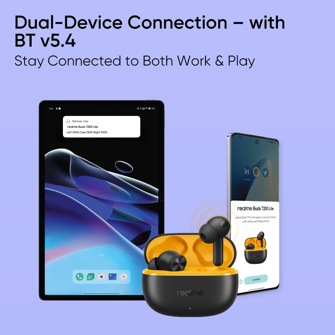 Realme Buds T200 Lite Bluetooth in Ear Earbuds, 4 Mic, AI ENC for Chamadas, 48 Hours of playback Total com carregamento rápido e jogos de baixa latência TWS