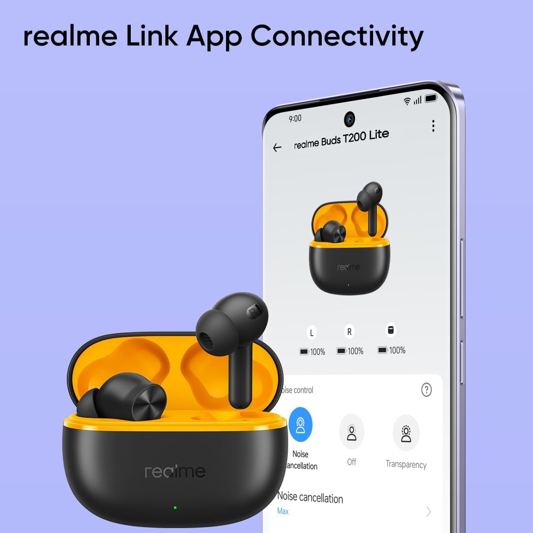 Realme Buds T200 Lite Bluetooth in Ear Earbuds, 4 Mic, AI ENC for Chamadas, 48 Hours of playback Total com carregamento rápido e jogos de baixa latência TWS