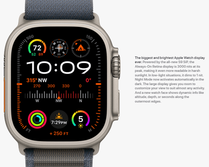 Apple Watch Ultra 2 [GPS + Cellular 49mm], Titanium Case & Blue Ocean Band One Size. Fitness Tracker, GPS, Bright Retina
