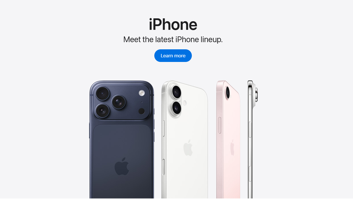 Apple product page with iPhones and iPad Air on a white background