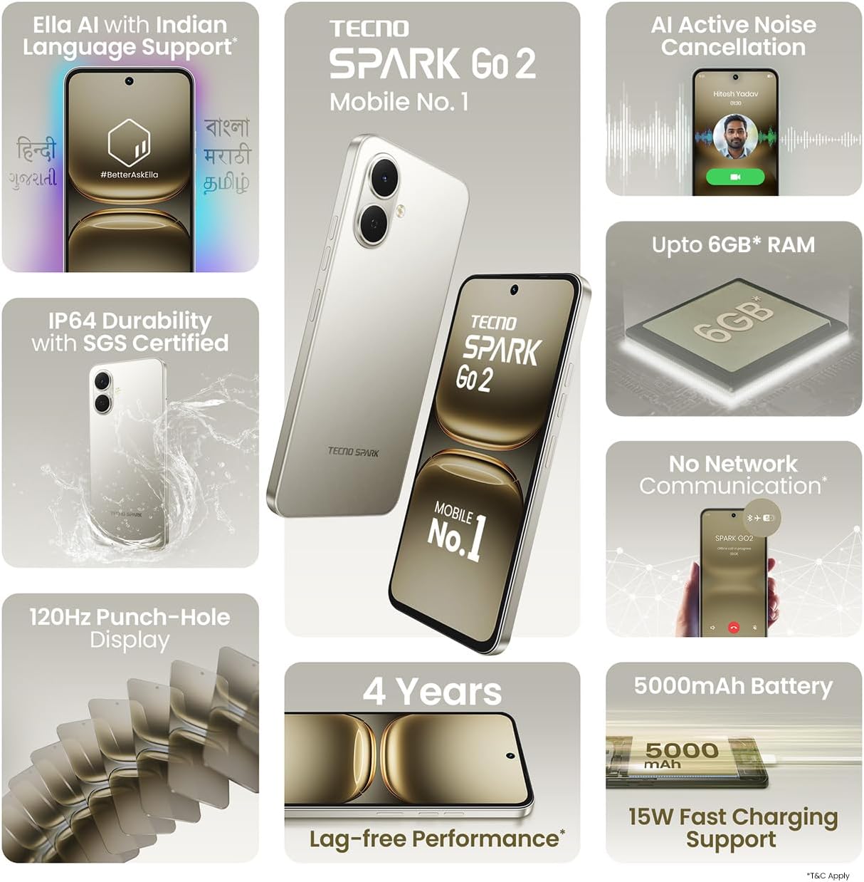 TECNO Spark GO 2 (3GB+64GB) | Segment 1st IP64 SGS Certified | Segment's 1st AI with Indian Languages | Segment's 1st No Network Communications* | 120Hz Display | 5000mAh Battery