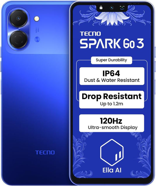 Tecno Spark GO 3 | Super Durability Drop Resistant & IP64 Rated|Ella Al in Your Own Language| Super Smooth 120Hz 6.74" Display |5000mAh Battery