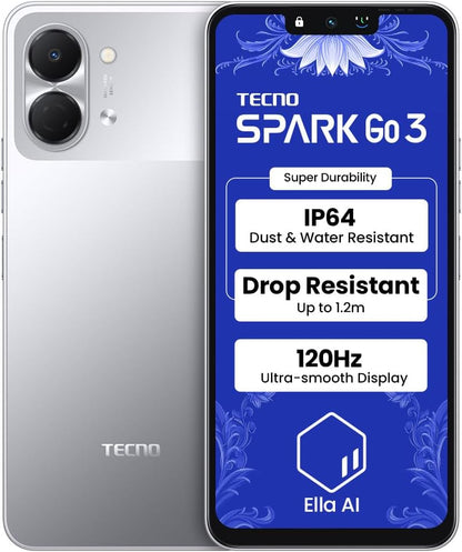 Tecno Spark GO 3 | Super Durability Drop Resistant & IP64 Rated|Ella Al in Your Own Language| Super Smooth 120Hz 6.74" Display |5000mAh Battery