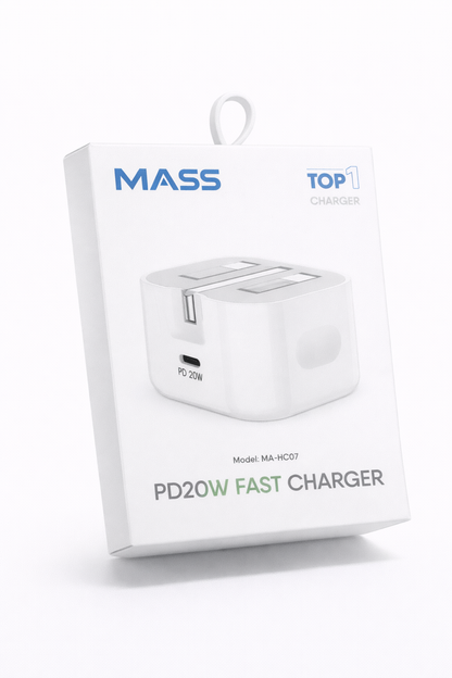 شاحن سريع بقوة 20 واط USB-C من Mass متوافق مع موديلات آيفون: MA-HC07 - أبيض - ضمان محلي لمدة سنة