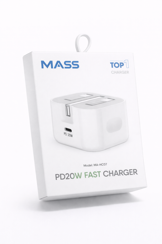 شاحن سريع بقوة 20 واط USB-C من Mass متوافق مع موديلات آيفون: MA-HC07 - أبيض - ضمان محلي لمدة سنة
