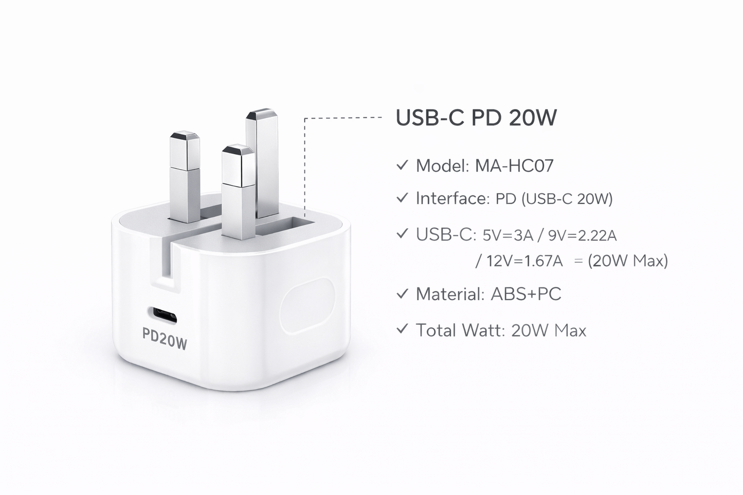 شاحن سريع بقوة 20 واط USB-C من Mass متوافق مع موديلات آيفون: MA-HC07 - أبيض - ضمان محلي لمدة سنة