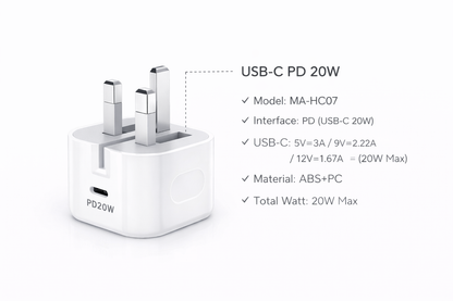 شاحن سريع بقوة 20 واط USB-C من Mass متوافق مع موديلات آيفون: MA-HC07 - أبيض - ضمان محلي لمدة سنة