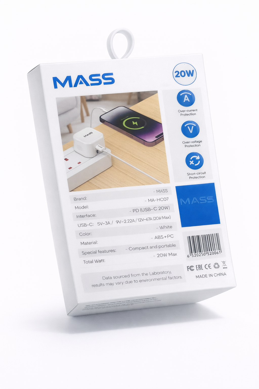 شاحن سريع بقوة 20 واط USB-C من Mass متوافق مع موديلات آيفون: MA-HC07 - أبيض - ضمان محلي لمدة سنة