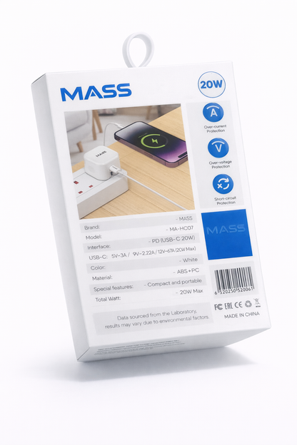 شاحن سريع بقوة 20 واط USB-C من Mass متوافق مع موديلات آيفون: MA-HC07 - أبيض - ضمان محلي لمدة سنة
