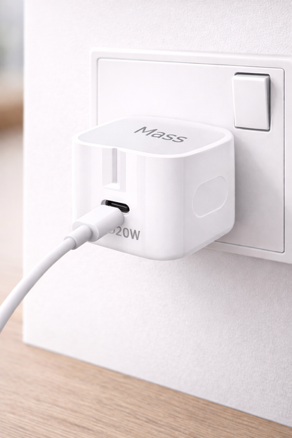 شاحن سريع بقوة 20 واط USB-C من Mass متوافق مع موديلات آيفون: MA-HC07 - أبيض - ضمان محلي لمدة سنة