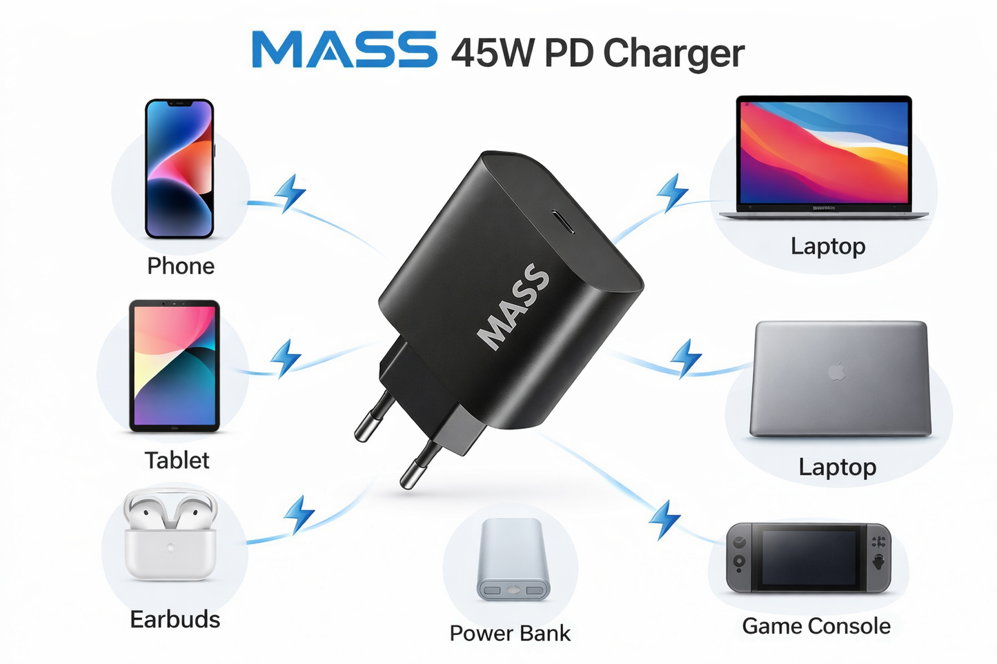 Mass 45W PD Power Adapter With Compact Design | USB-C Port | Super Fast Charging Model: MA-HC09 (Black) - 1 Year Local Warranty
