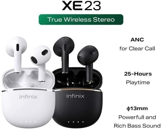 Infinix XE23 True Wireless Earbuds with Bluetooth 5.0, Deep Bass, Touch Control, 36H Playtime, IPX5 Waterproof, Noise Reduction – In - Ear Earbuds with Charging Case
