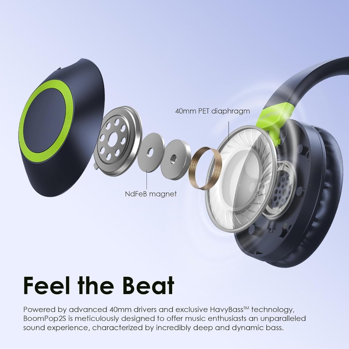 Oraimo BoomPop2S Noise Cancelling Wireless Over - Ear Headphones,50H Long Playtime, Powerful Deep Bass, Customize via an App, Dual Device Connection,Ideal for Travel