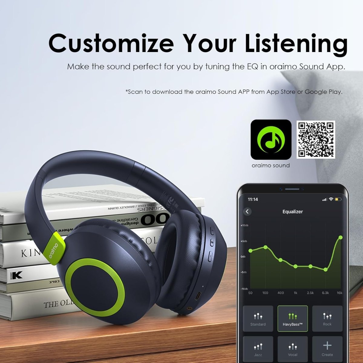 Oraimo BoomPop2S Noise Cancelling Wireless Over - Ear Headphones,50H Long Playtime, Powerful Deep Bass, Customize via an App, Dual Device Connection,Ideal for Travel
