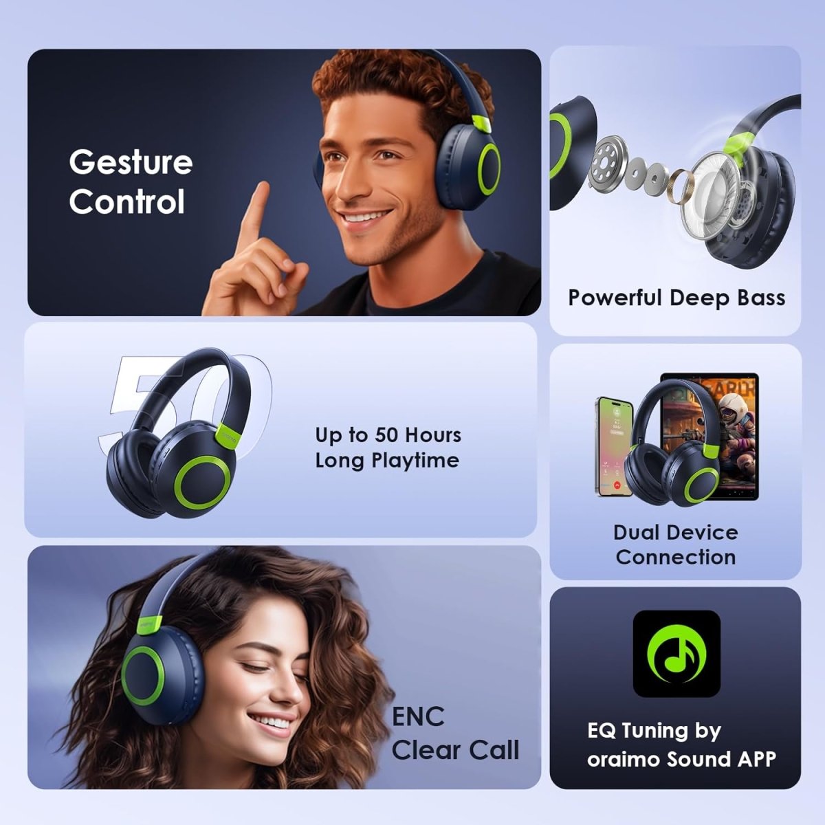 Oraimo BoomPop2S Noise Cancelling Wireless Over - Ear Headphones,50H Long Playtime, Powerful Deep Bass, Customize via an App, Dual Device Connection,Ideal for Travel