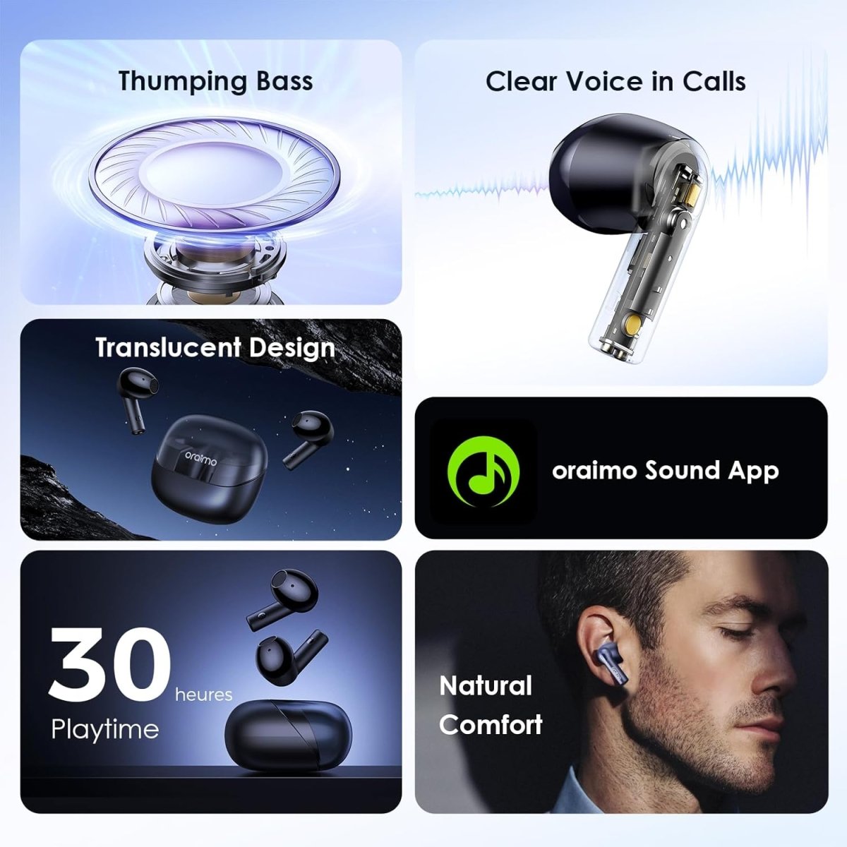 Oraimo Riff 2 TWS Earbuds with ENC Quad Mic,30Hr Playtime,Custom EQ Modes,IPX4,BT 5.3 Bluetooth Headset