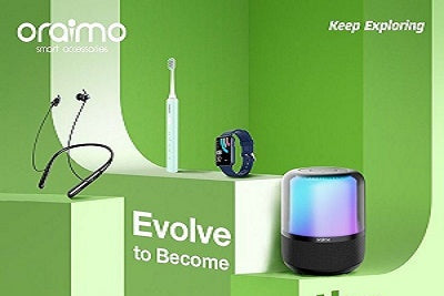 Oraimo electronic products including a smartwatch, headphones, and a lamp on a green background with brand name displayed.