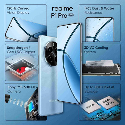 Realme P1 Pro 5G (Parrot Blue, 8GB RAM, 256GB Storage) | Up to 16 GB Dynamic RAM | Snapdragon 6 Gen 1 Processor | 6.7" Curved AMOLED Display | 50MP + 8MP | 16MP Front Camera | IP65 Water Resistance