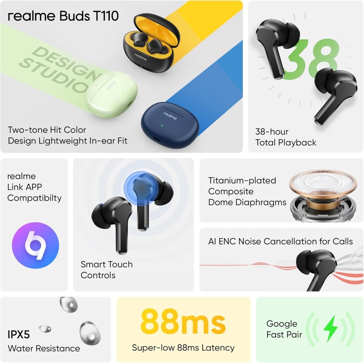 realme True Wireless Buds T110, 10mm Dynamic Bass Driver, AI ENC Noise Cancellation Headphones, Local Warranty