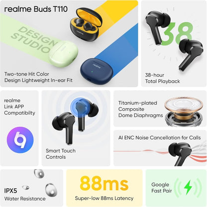realme True Wireless Buds T110, 10mm Dynamic Bass Driver, AI ENC Noise Cancellation Headphones, Local Warranty